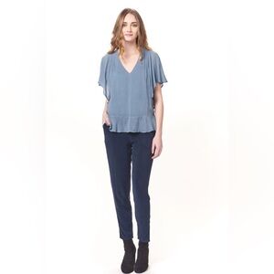 MAVEN WEST | Ruffle Sleeve V-neck Top in Silky Wash Cupro Silver Blue